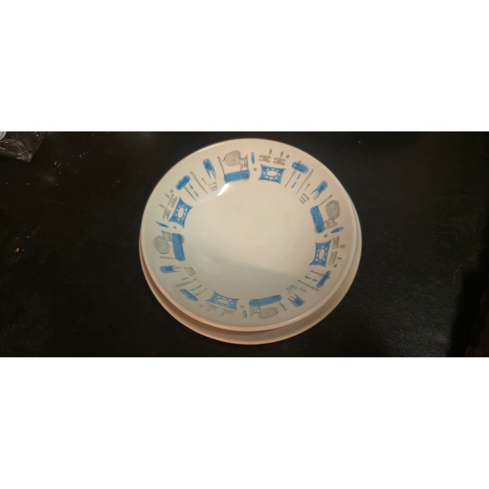 Vintage Royal China Blue Heaven Atomic MCM Bowl and Saucer Set Blue Gray White